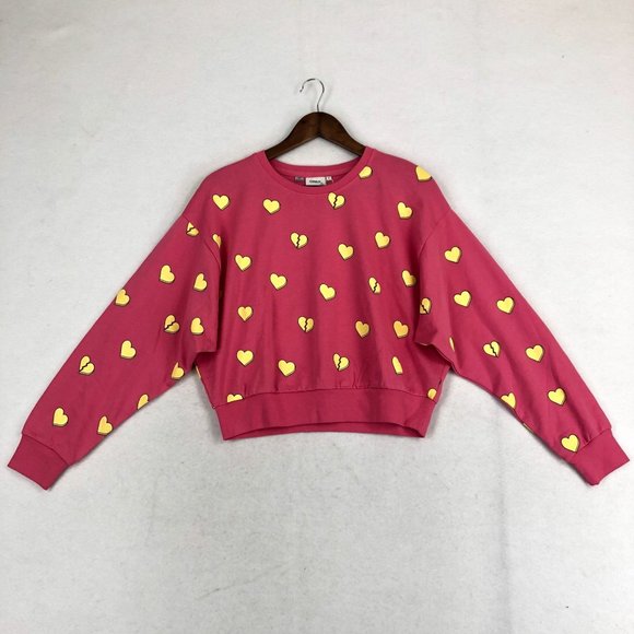 ONLY NWT Women's Size S Pink Lemonade Yellow Hearts O-Neck Cropped Sweatshirt - Picture 1 of 11